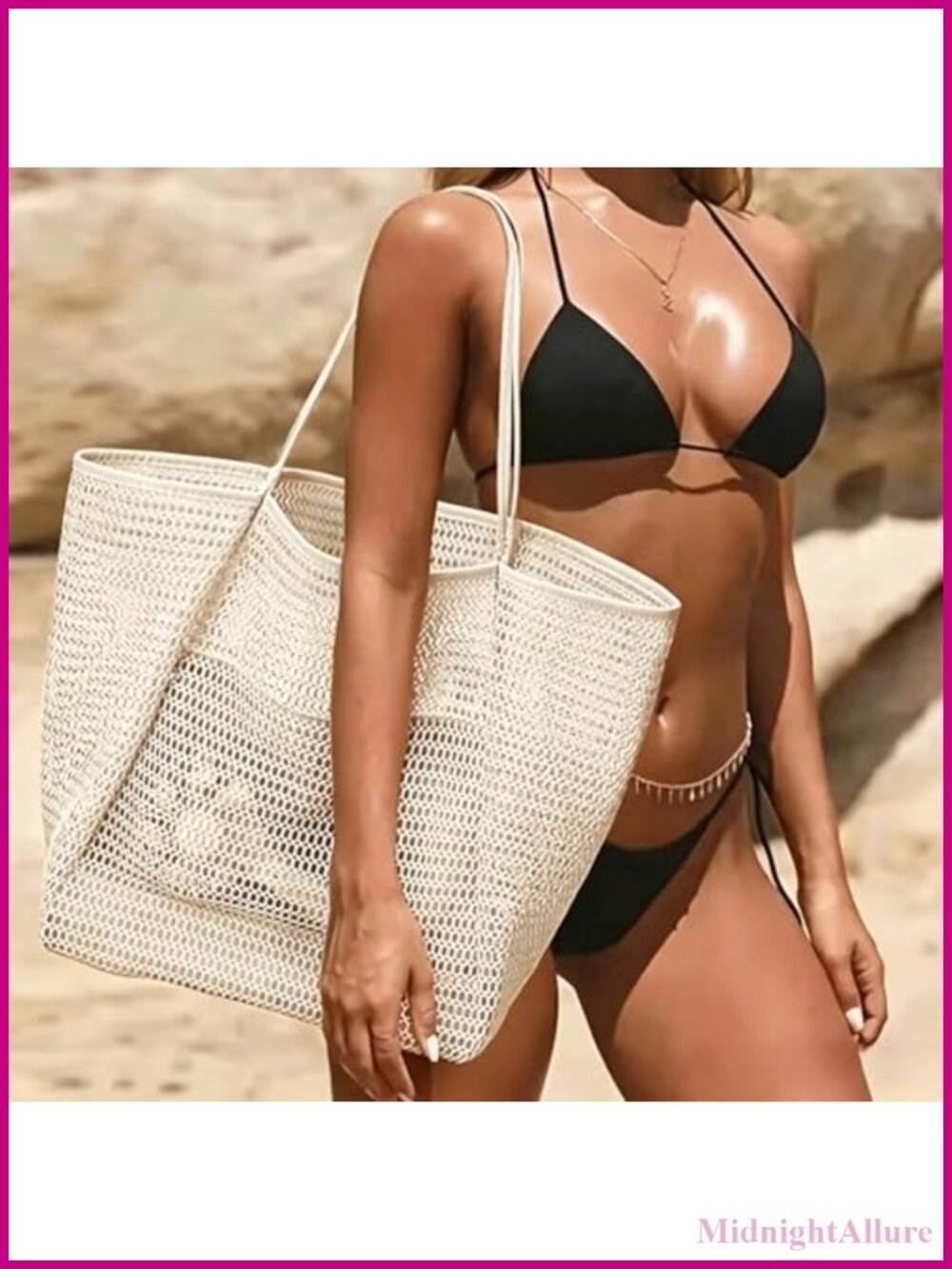 Large Capacity Beach Tote Bag Polyester Woven Shoulder Bag Open Top Travel